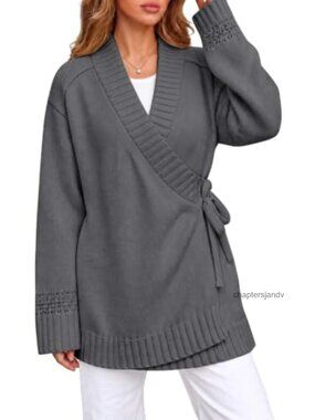 Womens V Neck Wrap Sweater Long Sleeve Tie Front Cardigan